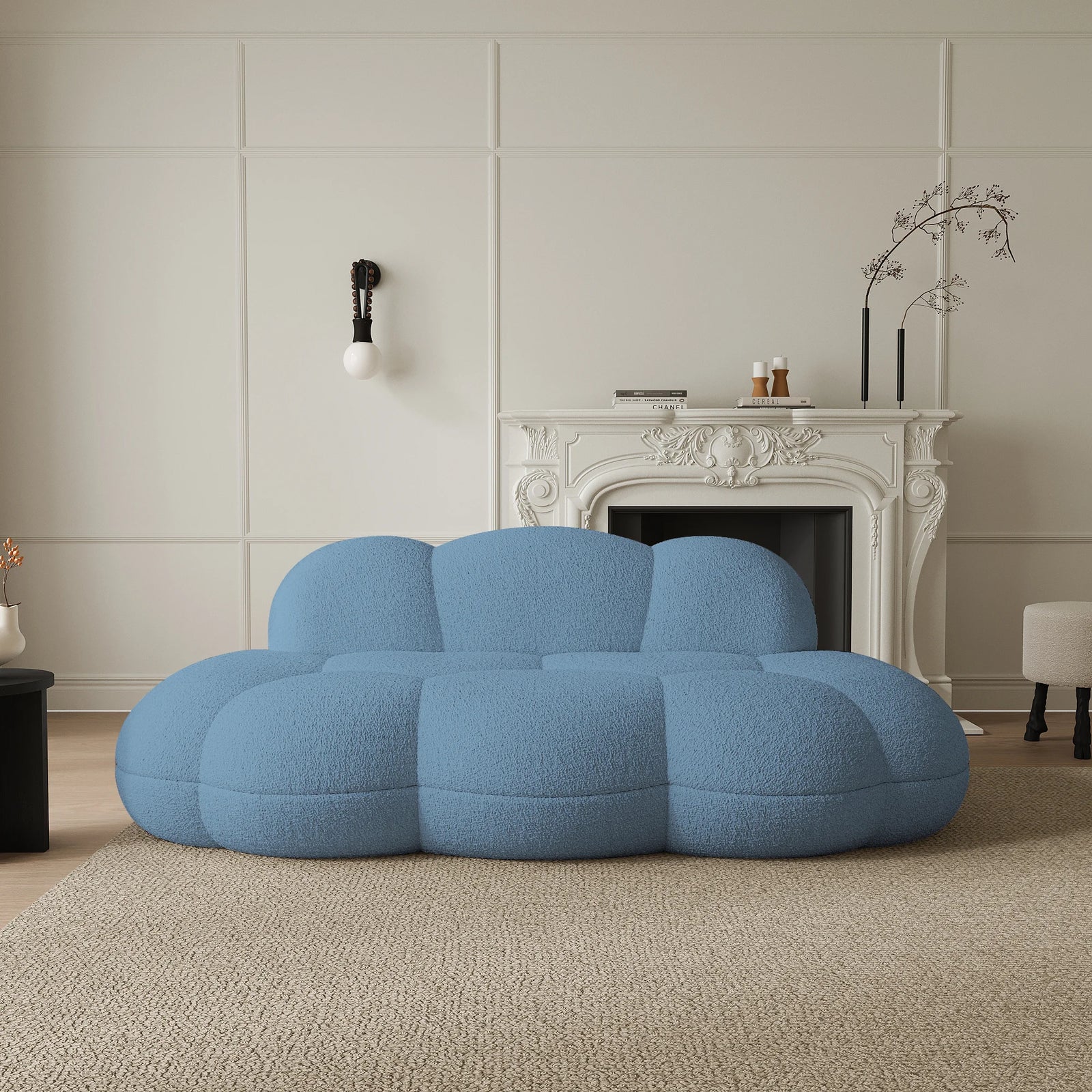 Essential 3-Seater blue Teddy Velvet Couch Sectionals | 1-Piece, Teddy Velvet Fabric, Small Space