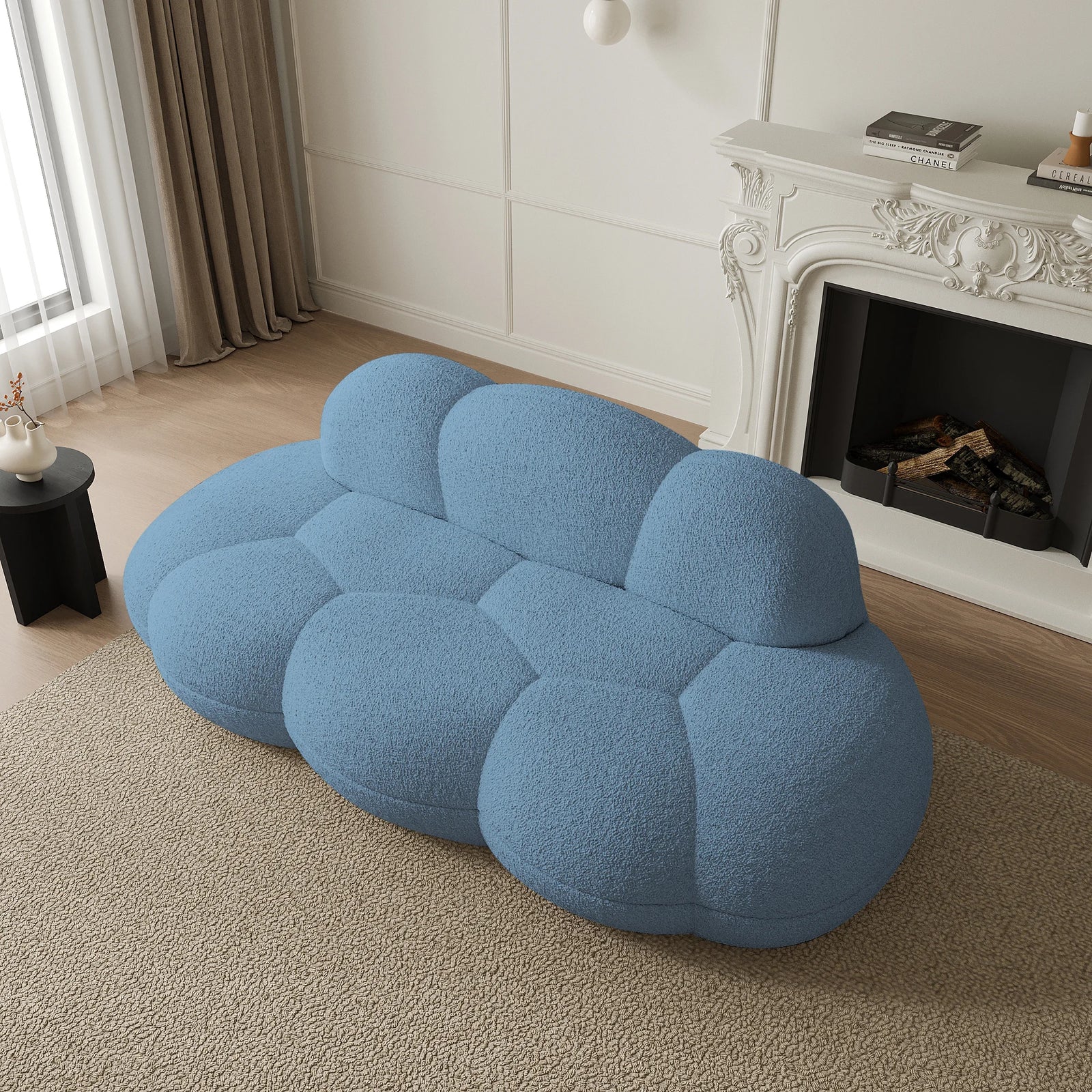 Essential 3-Seater blue Teddy Velvet Couch Sectionals | 1-Piece, Teddy Velvet Fabric, Small Space