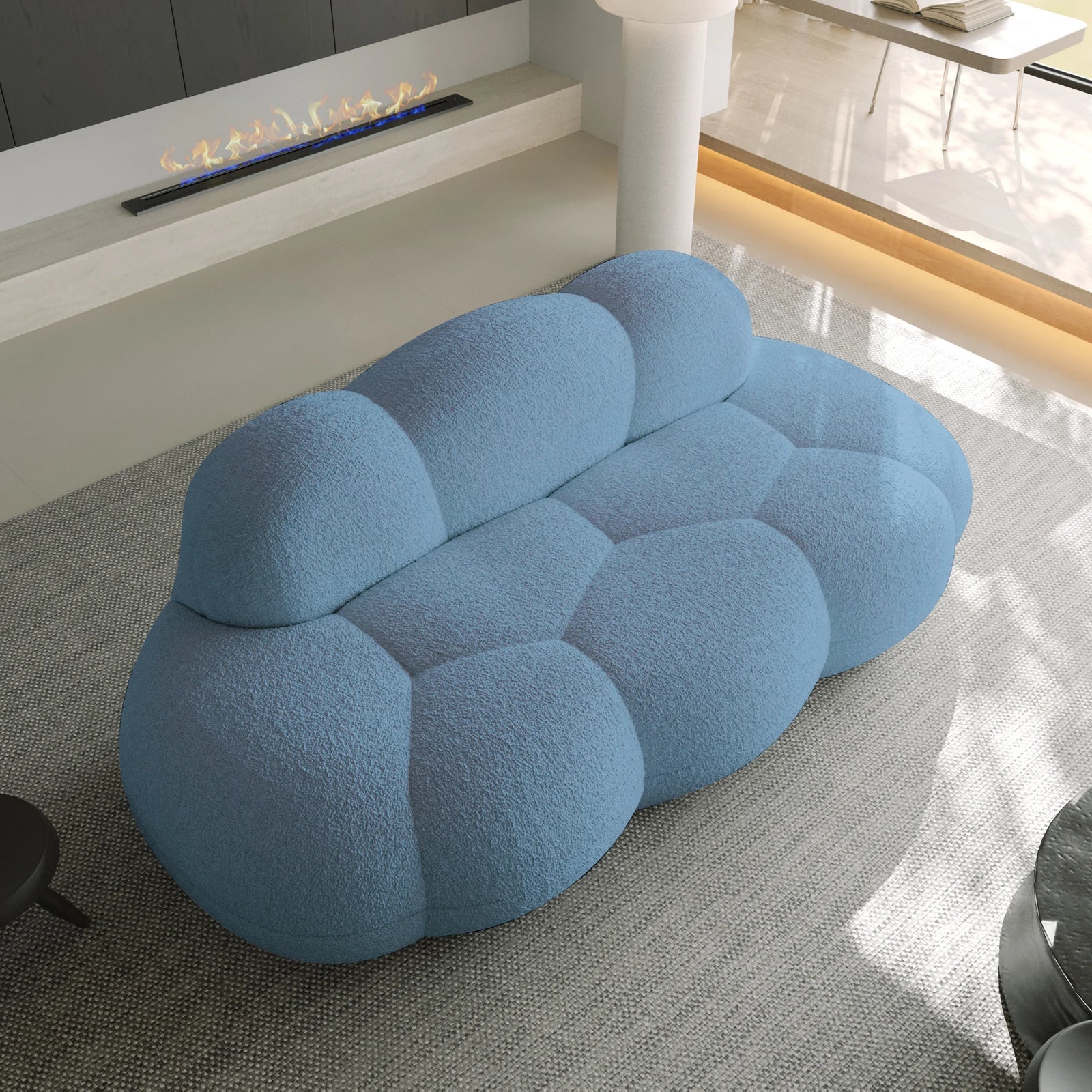 Essential 3-Seater blue Teddy Velvet Couch Sectionals | 1-Piece, Teddy Velvet Fabric, Small Space