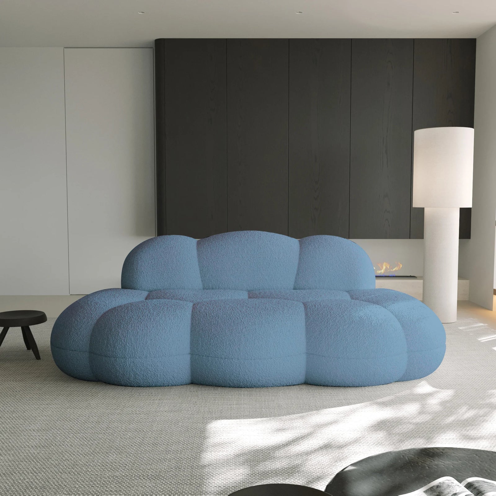 Essential 3-Seater blue Teddy Velvet Couch Sectionals | 1-Piece, Teddy Velvet Fabric, Small Space