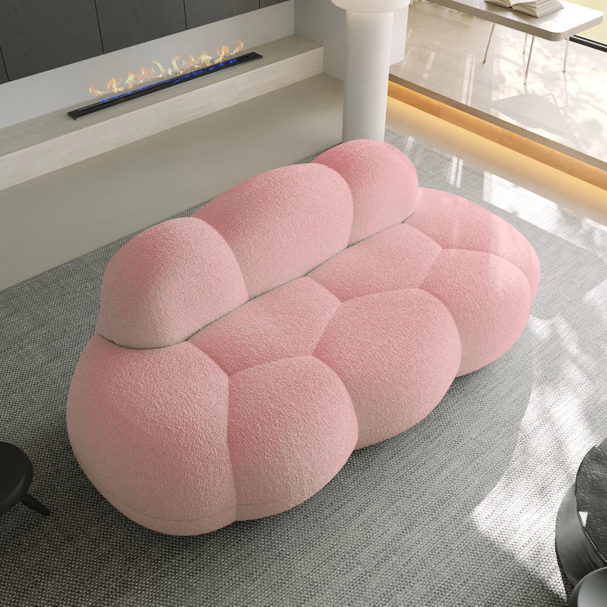Essential Cloud Boneless Sofas | 1-Piece Teddy Velvet Pink Loveseats 3-Seater