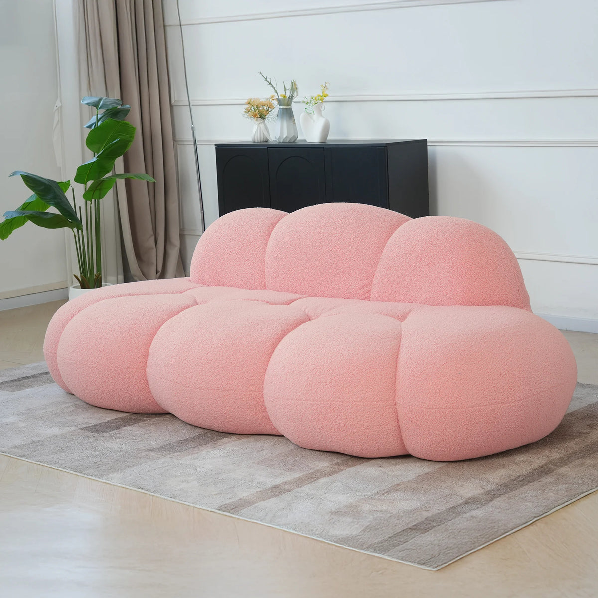Essential Cloud Boneless Sofas | 1-Piece Teddy Velvet Pink Loveseats 3-Seater
