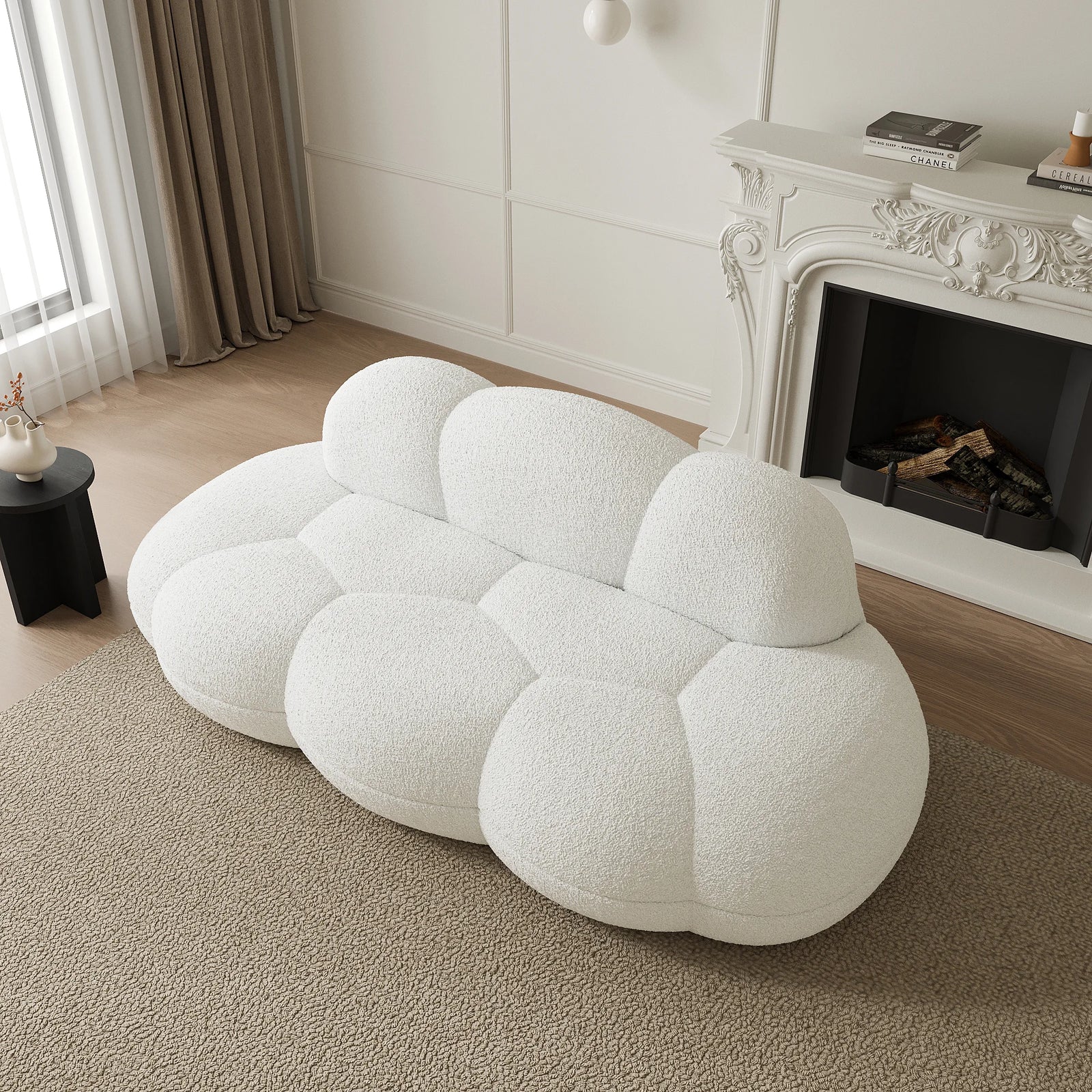 Seccionales de sofá esencial de 3 asientos de terciopelo Teddy blanco | 1 pieza, tela de terciopelo Teddy, diseño compacto