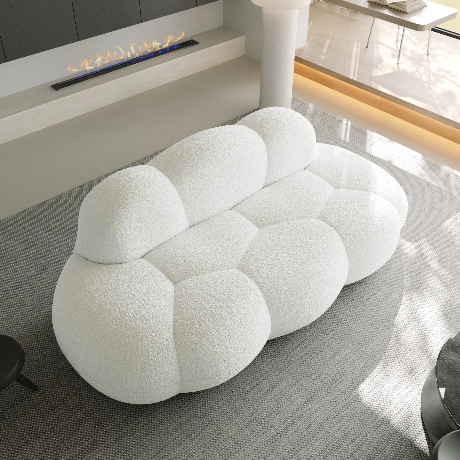Seccionales de sofá esencial de 3 asientos de terciopelo Teddy blanco | 1 pieza, tela de terciopelo Teddy, diseño compacto