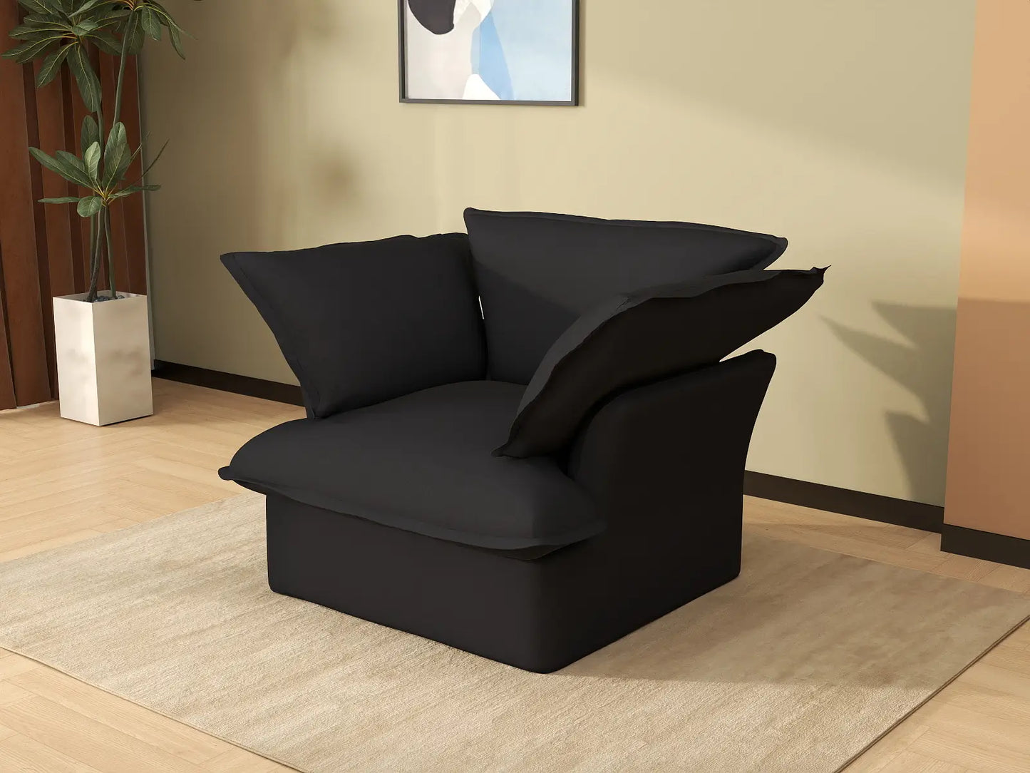 Deluxe Cloud 1-Seater Black Washable Single Sofa | 1-Piece, Linen and Cotton Fabric, Modular Design