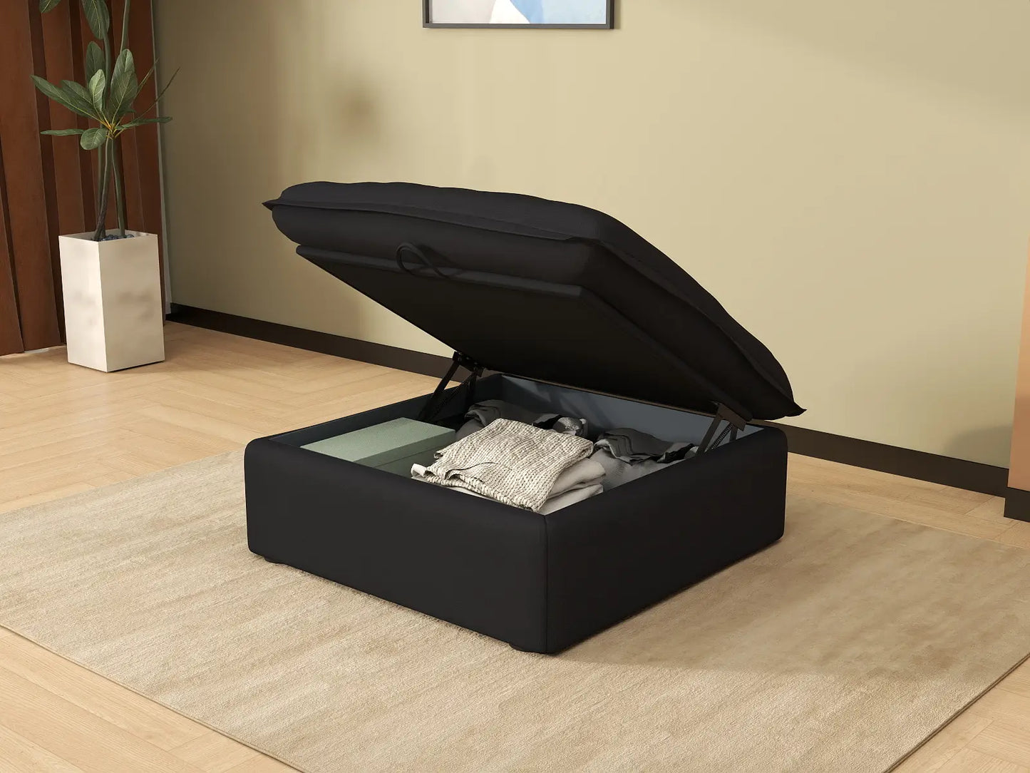 Otomana de almacenamiento Deluxe Cloud Black | 1 pieza, tela de lino y algodón, fundas lavables