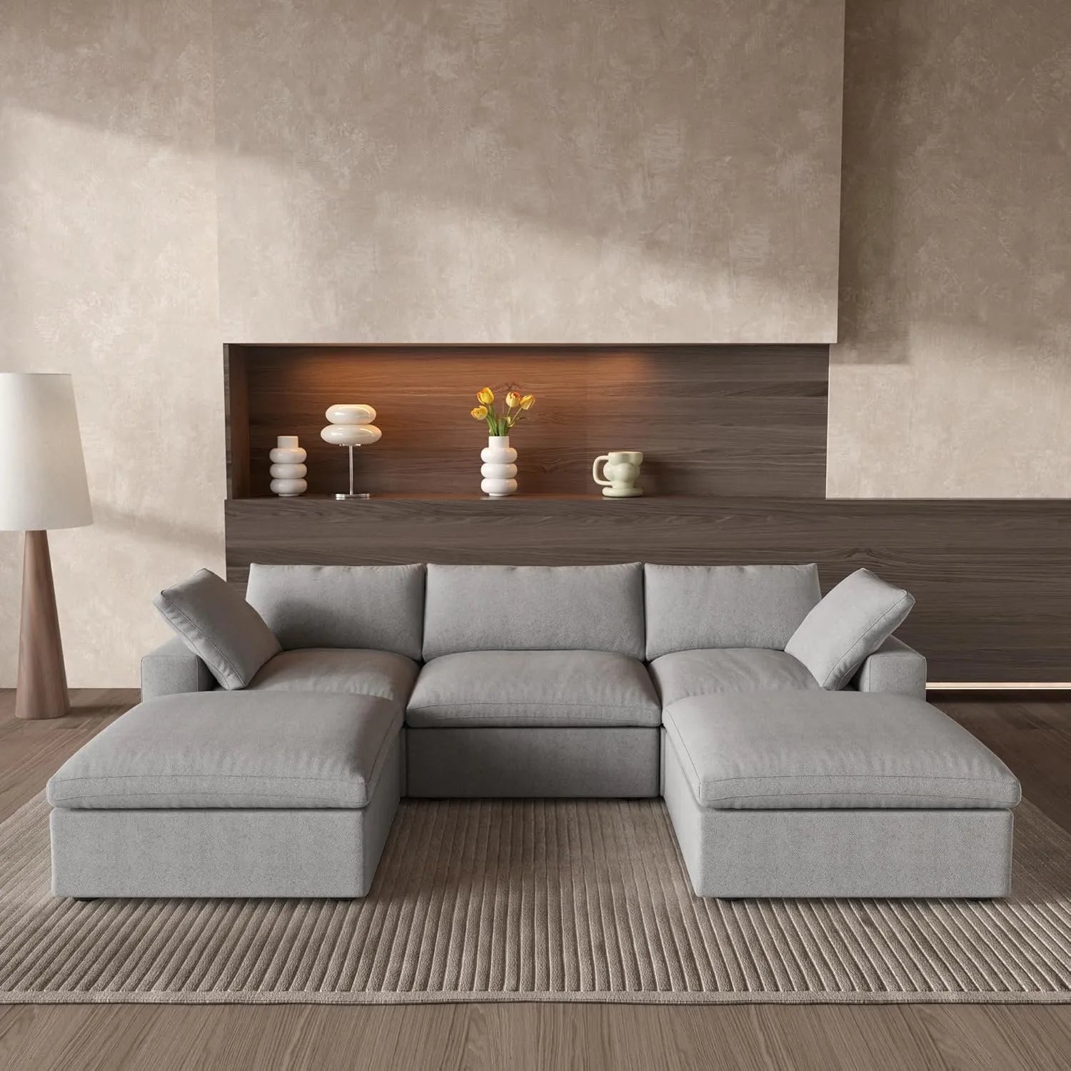 Deluxe Cloud 3-Seater Light-Grey Storage U-Shaped Sectional | 5-Piece (includes 2 Ottomans), Cotton and Linen Fabric, Washable Covers