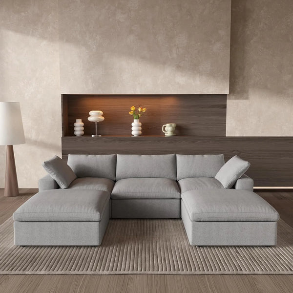 Deluxe Premium Cloud Sectional Sofas | 5-Piece Cotton and Linen Light Grey U-shaped Sectionals 160" Storage Ottoman 3-seater
