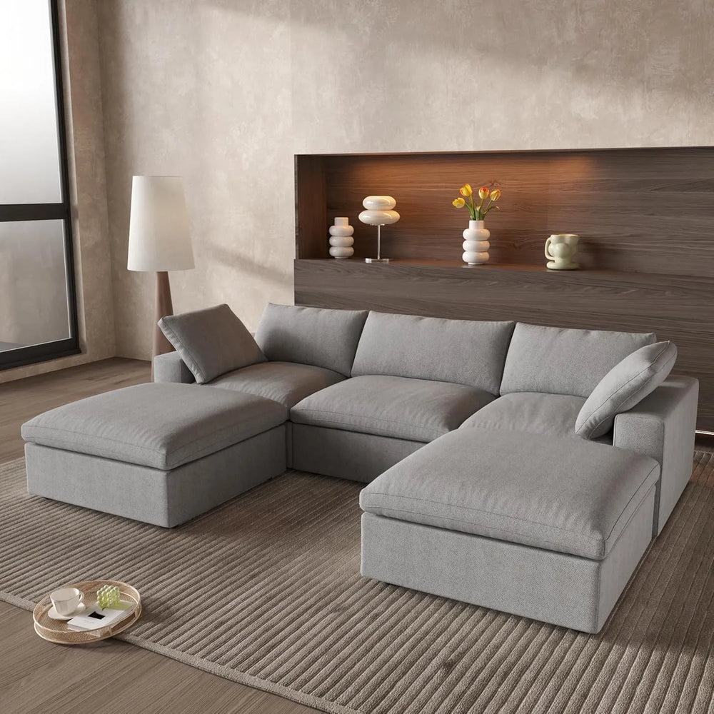 Deluxe Premium Cloud Sectional Sofas | 5-Piece Cotton and Linen Light Grey U-shaped Sectionals 160" Storage Ottoman 3-seaters