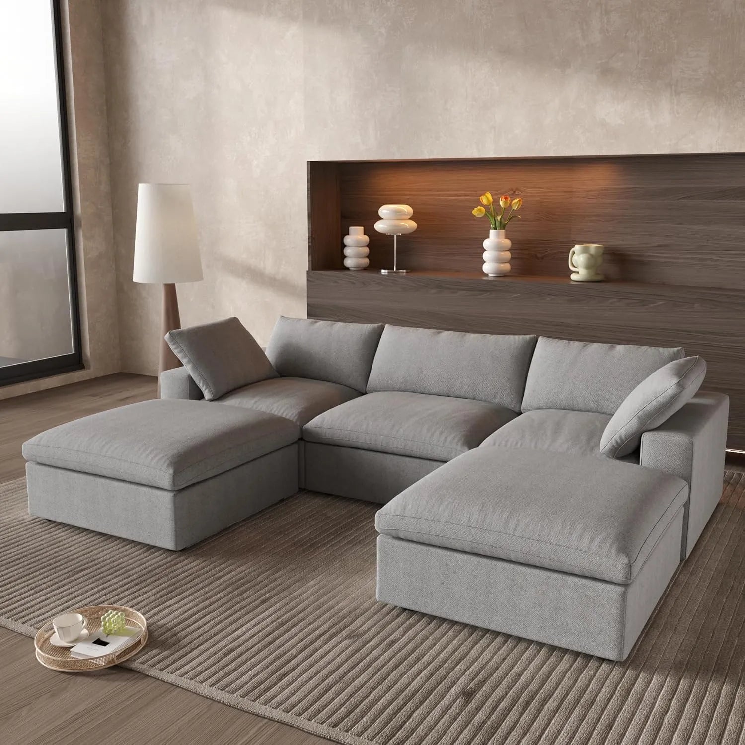 Deluxe Cloud 3-Seater Light-Grey Storage U-Shaped Sectional | 5-Piece (includes 2 Ottomans), Cotton and Linen Fabric, Washable Covers