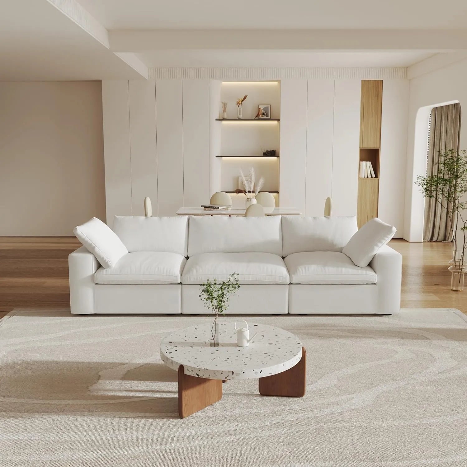 Sofá seccional Deluxe Cloud de 3 plazas, blanco, lavable | 3 piezas, tela de algodón y lino, diseño modular
