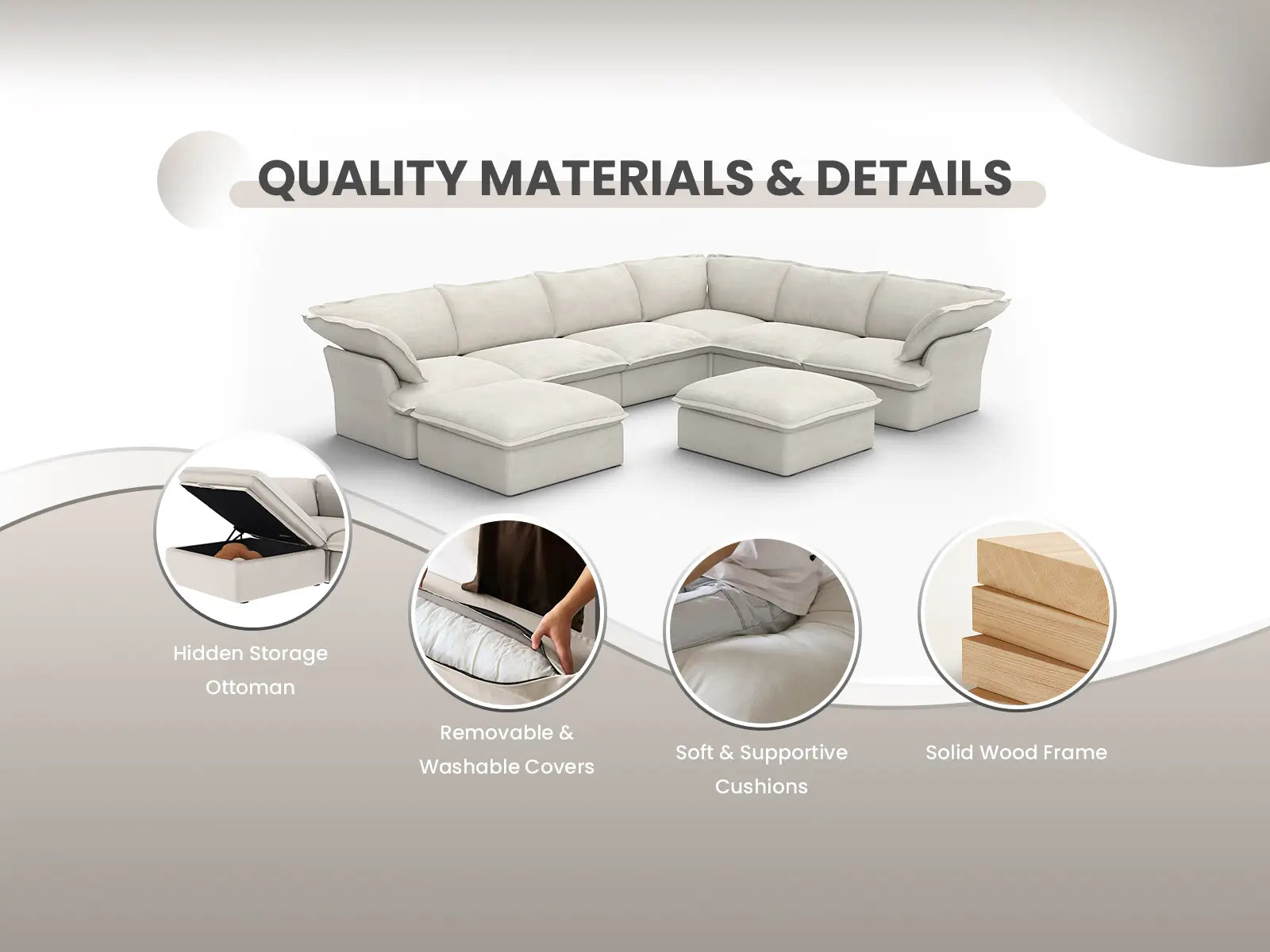 Deluxe Cloud Beige 4-Seater V-Shaped Sofa with Storage | 5-Piece (includes 1 ottoman), Linen and Cotton Fabric, Washable Covers