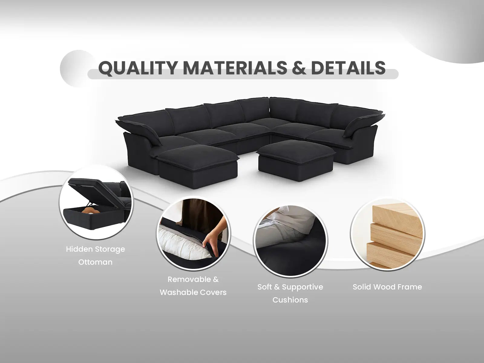 Deluxe Cloud Black 6-Seater Sofa with Storage | 8-Piece (includes 2 ottomans), Linen and Cotton Fabric, Washable Covers