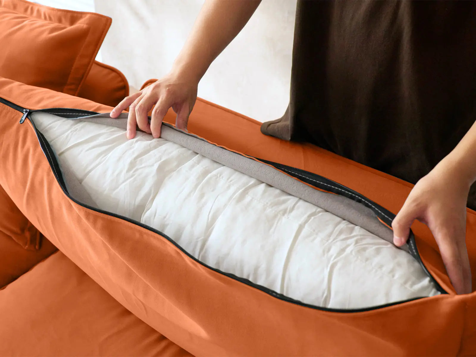 Sofá seccional modular de lujo Cloud naranja oscuro de 3 plazas | 5 piezas (incluye 2 otomanas), tela de terciopelo, otomana de almacenamiento