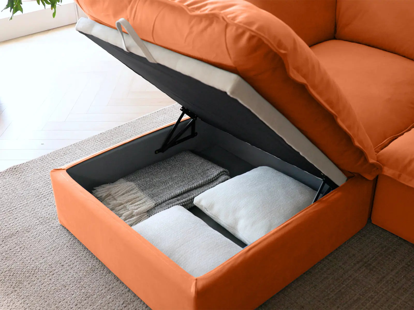 Sofá seccional modular de lujo Cloud naranja oscuro de 3 plazas | 5 piezas (incluye 2 otomanas), tela de terciopelo, otomana de almacenamiento