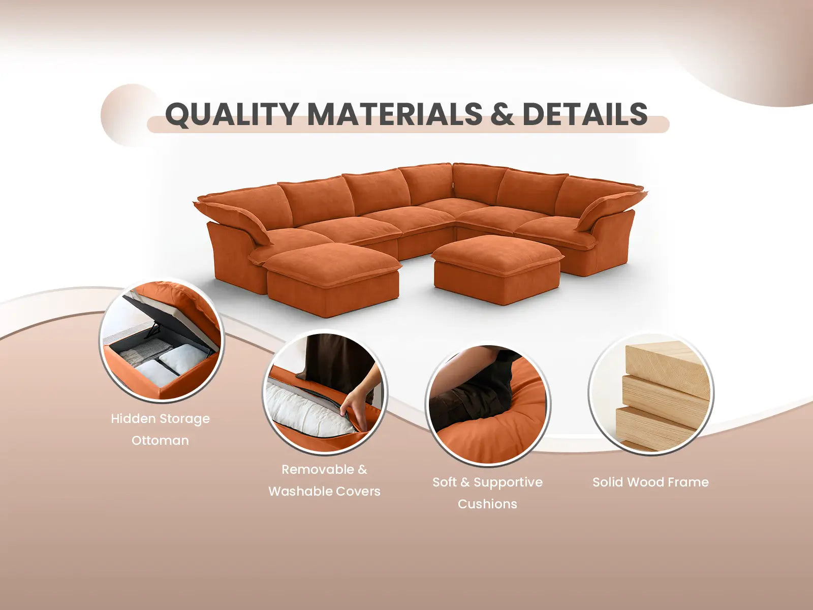 Sofá seccional modular de lujo Cloud naranja oscuro de 3 plazas | 5 piezas (incluye 2 otomanas), tela de terciopelo, otomana de almacenamiento