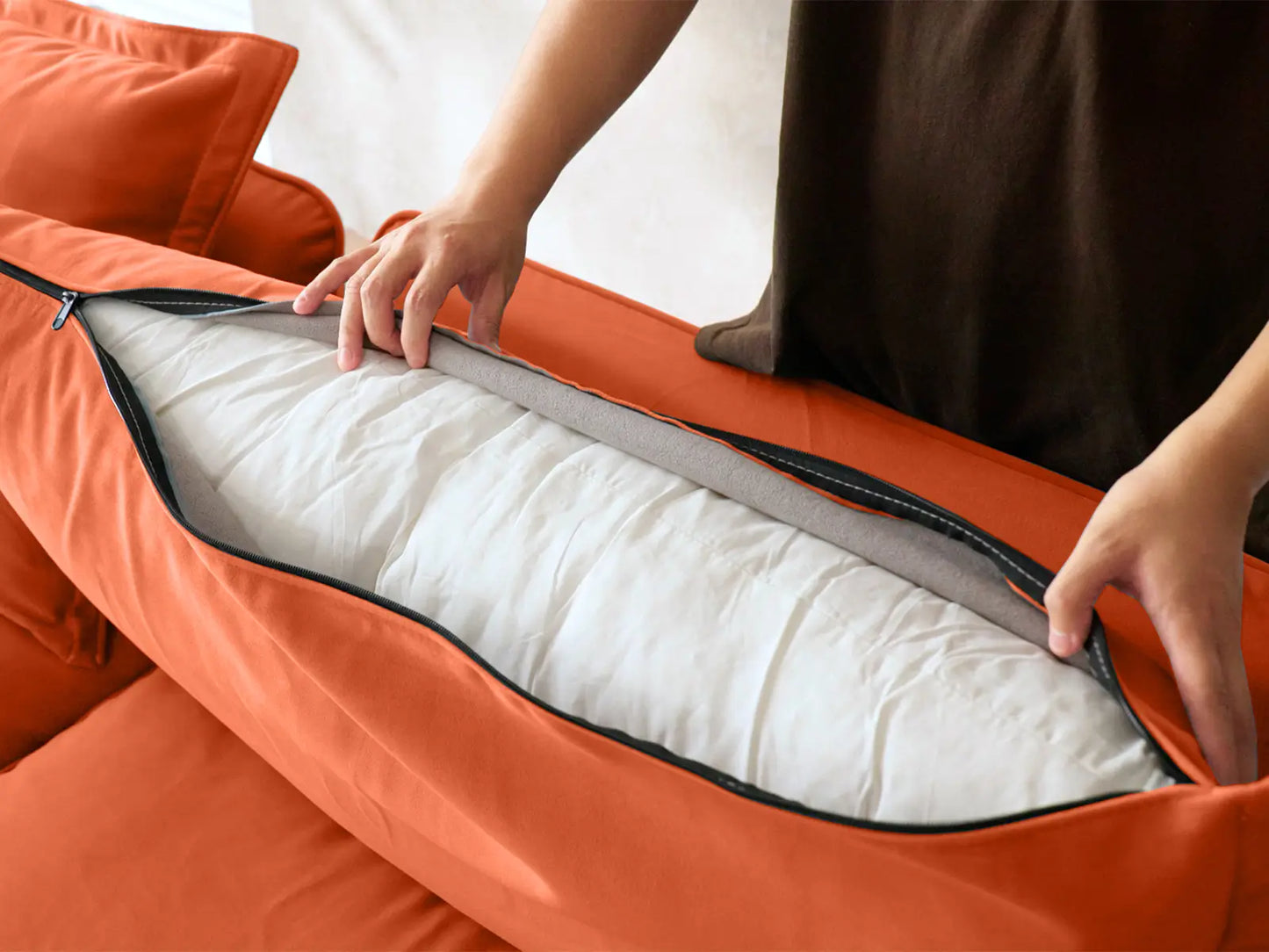 Deluxe Cloud Orange 4-Seater Sofa with Storage | 5-Piece (includes 1 ottoman), Velvet Fabric, Washable Covers