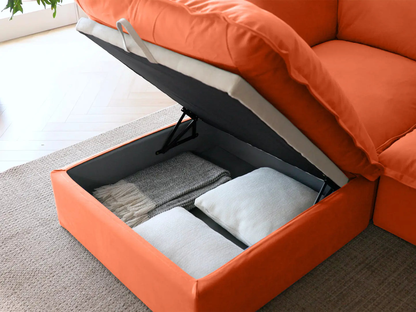 Deluxe Cloud Orange 4-Seater Sofa with Storage | 5-Piece (includes 1 ottoman), Velvet Fabric, Washable Covers