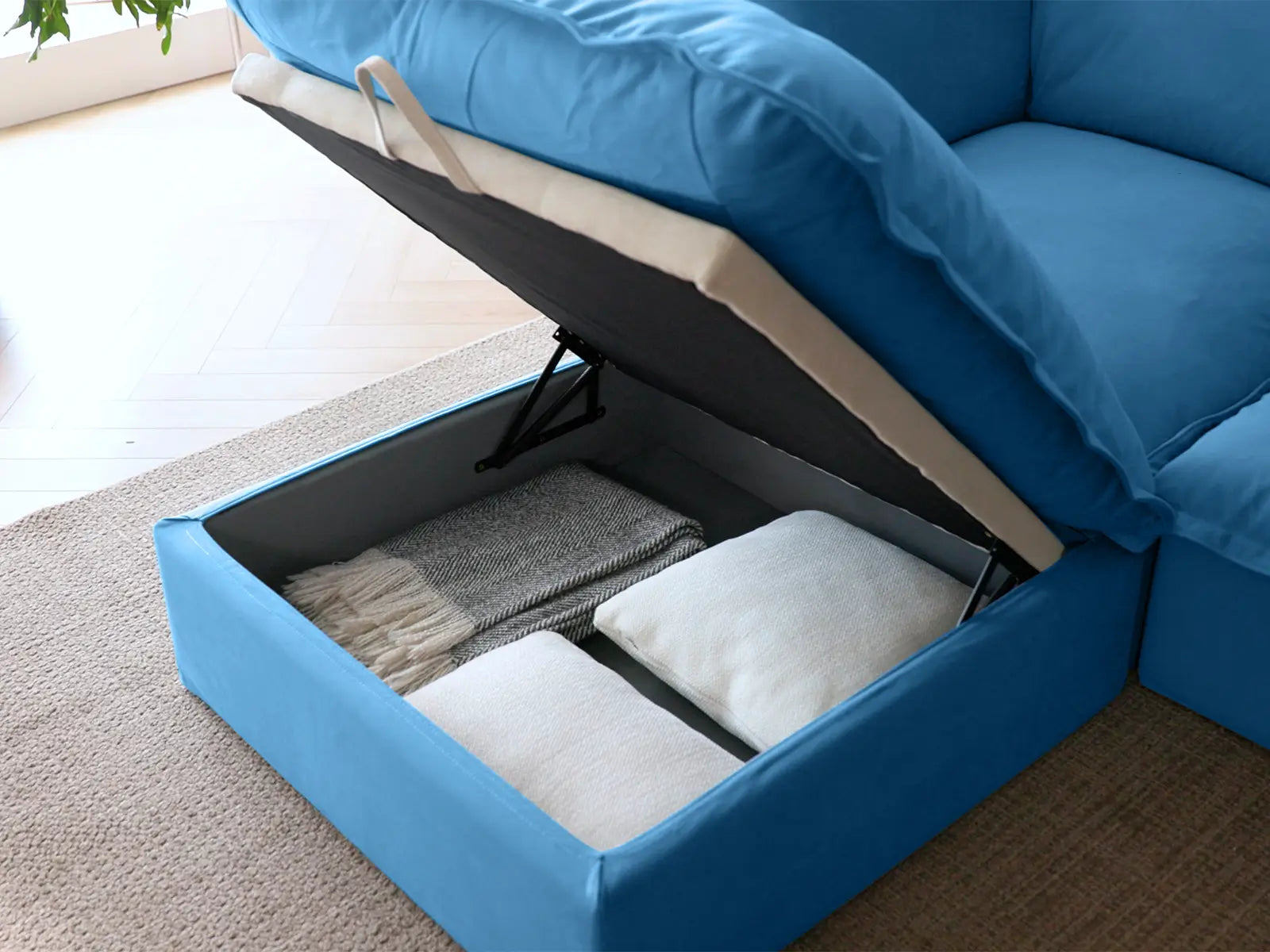 Sofá de lujo en forma de U de 4 plazas Cloud Blue con almacenaje | 6 piezas (incluye 2 otomanas), tela de terciopelo, fundas lavables