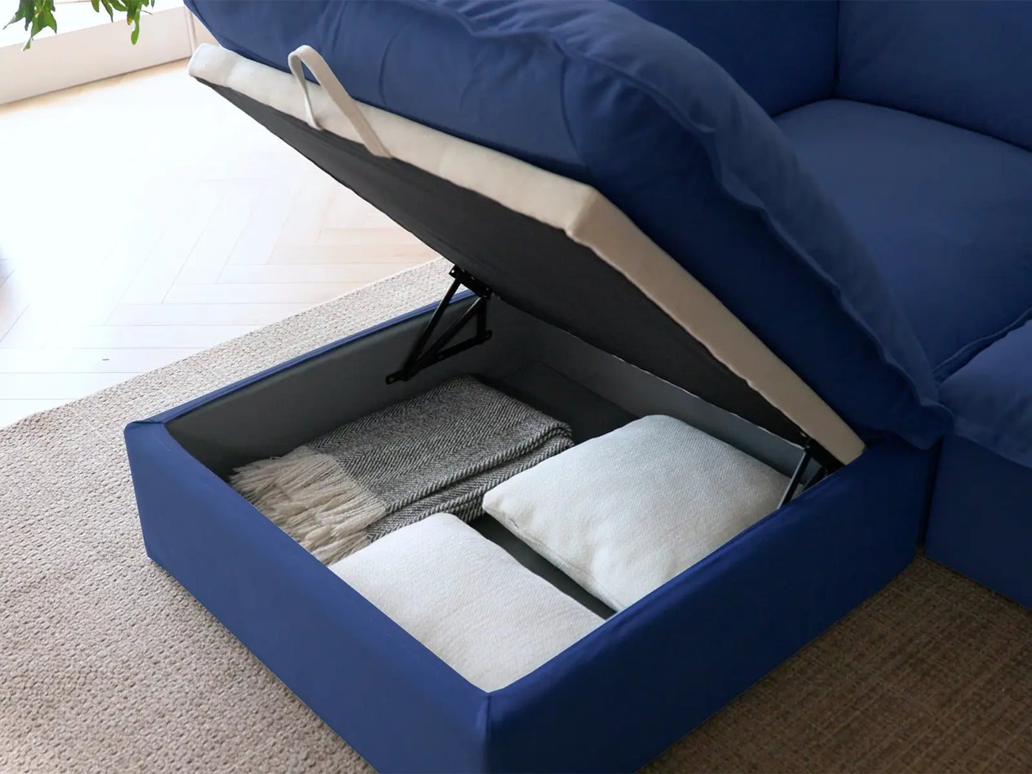 Deluxe Cloud Dark Blue 4-Seater Sofa with Storage | 5-Piece (includes 1 ottoman), Velvet Fabric, Washable Covers