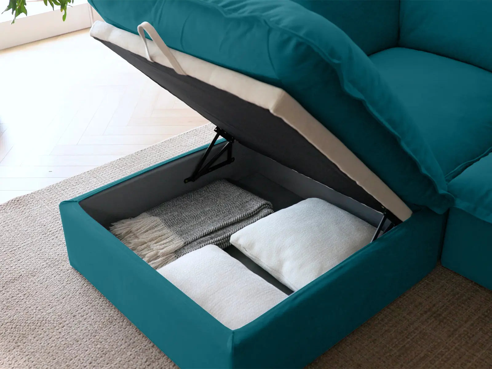 Sofá Seccional Chaise de 2 Plazas Deluxe Cloud para Espacios Pequeños | 3 Piezas (incluye 1 otomana), Tela de Terciopelo, Otomana con Almacenamiento