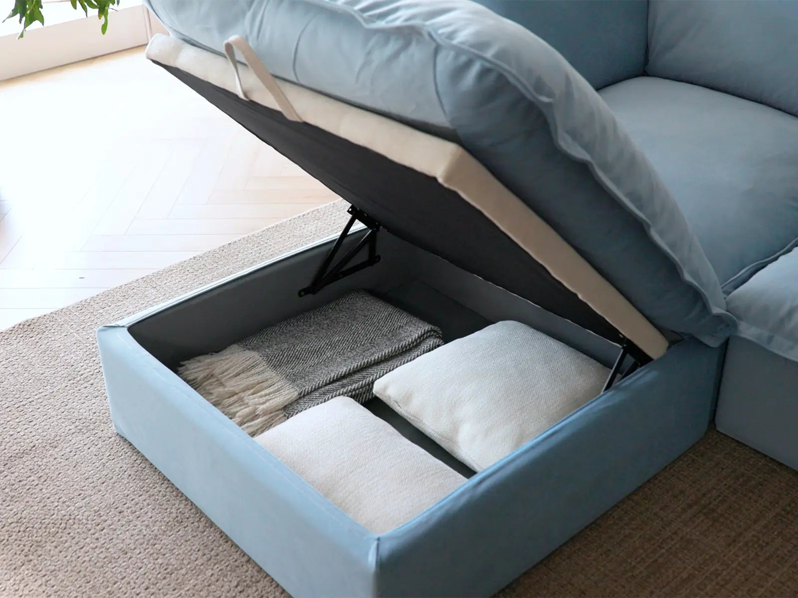 Sofá seccional de lujo color azul claro nube de 4 plazas con forma de U y almacenamiento | 6 piezas (incluye 2 otomanas), tela de terciopelo, fundas lavables