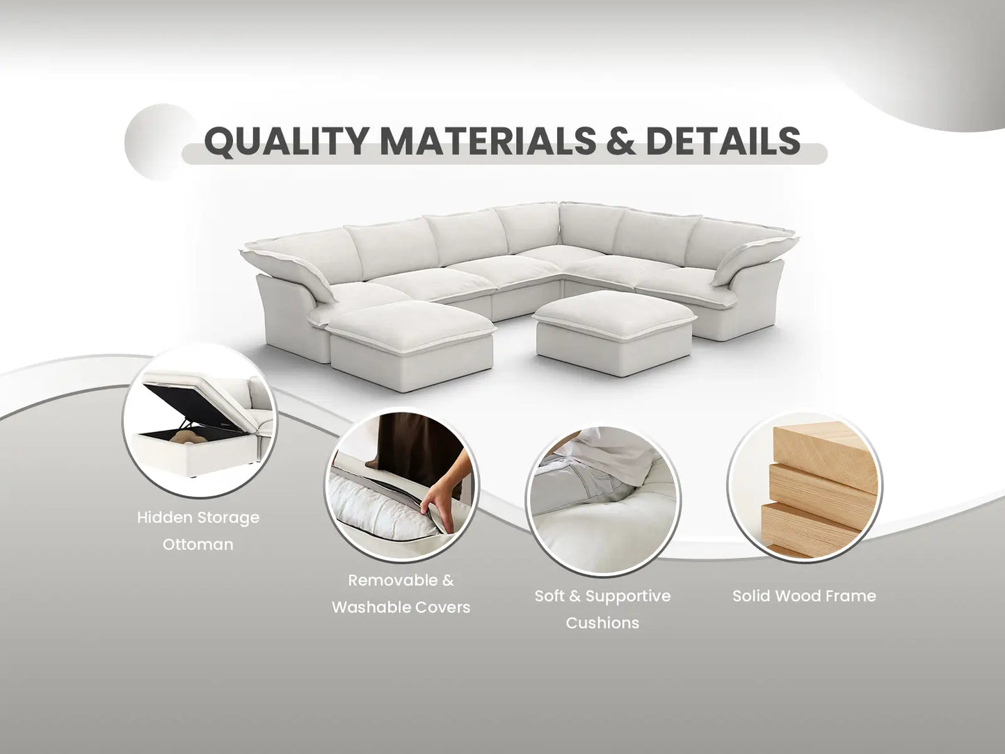 Deluxe Cloud 3-Seater White Washable Couch Sectional | 3-Piece, Linen and Cotton Fabric, Modular Design