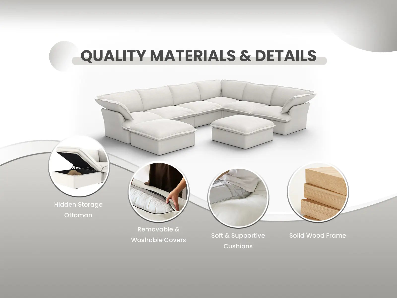 Deluxe Cloud 4-Seater White Washable Couch Sectional | 4-Piece, Linen and Cotton Fabric, Modular Design