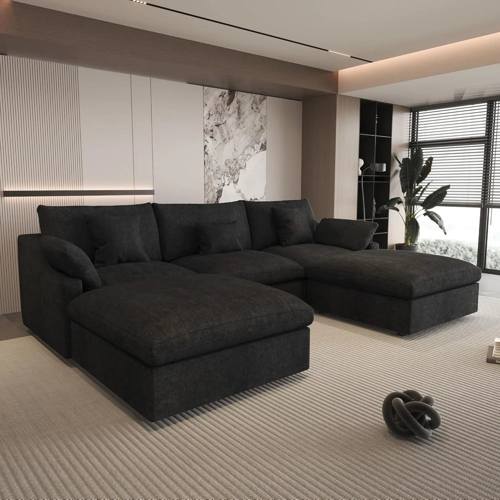 Deluxe Slope Cloud Sectional Sofas | Linen Black U-shaped Sectionals 120" Adjustable Backrest Pillows 3-seaters