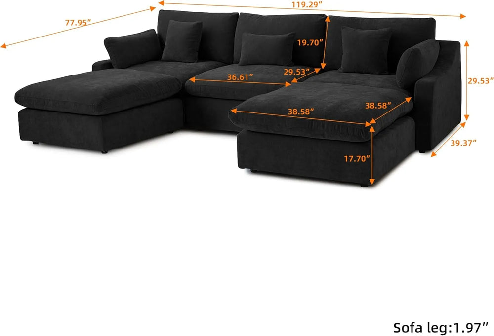 Deluxe Slope Cloud Sectional Sofas | Linen Black U-shaped Sectionals 120" Adjustable Backrest Pillows 3-seaters