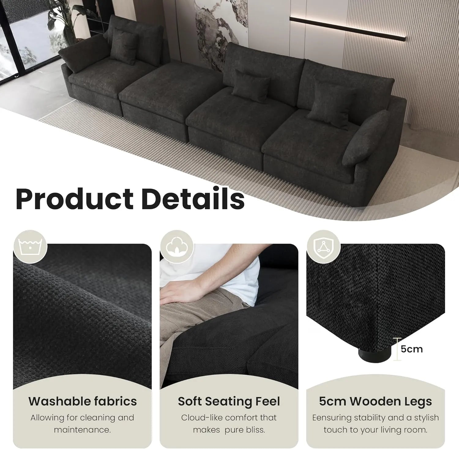 Sofá modular modular Deluxe Cloud de 3 plazas, color negro, lavable, en forma de U | Juego de 5 piezas (incluye 2 otomanas), tejido de chenilla y lino, diseño modular.