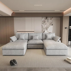 Deluxe Slope Cloud Sectional Sofas | Linen Light Grey U-shaped Sectionals 120" Adjustable Backrest Pillows 3-seaters