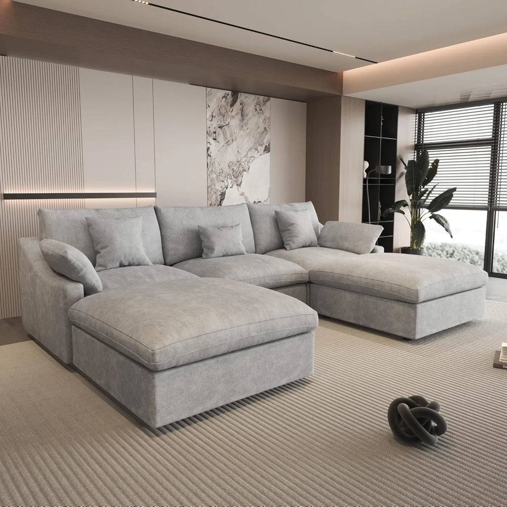 Deluxe Slope Cloud Sectional Sofas | Linen Light Grey U-shaped Sectionals 120" Adjustable Backrest Pillows 3-seaters