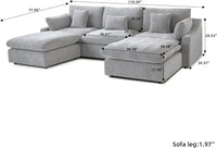 Deluxe Slope Cloud Sectional Sofas | Linen Light Grey U-shaped Sectionals 120" Adjustable Backrest Pillows 3-seaters