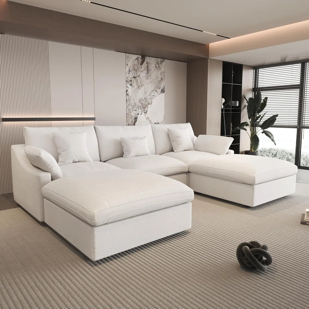 Deluxe Slope Cloud Sectional Sofas | Linen White U-shaped Sectionals 120" Adjustable Backrest Pillows 3-seaters