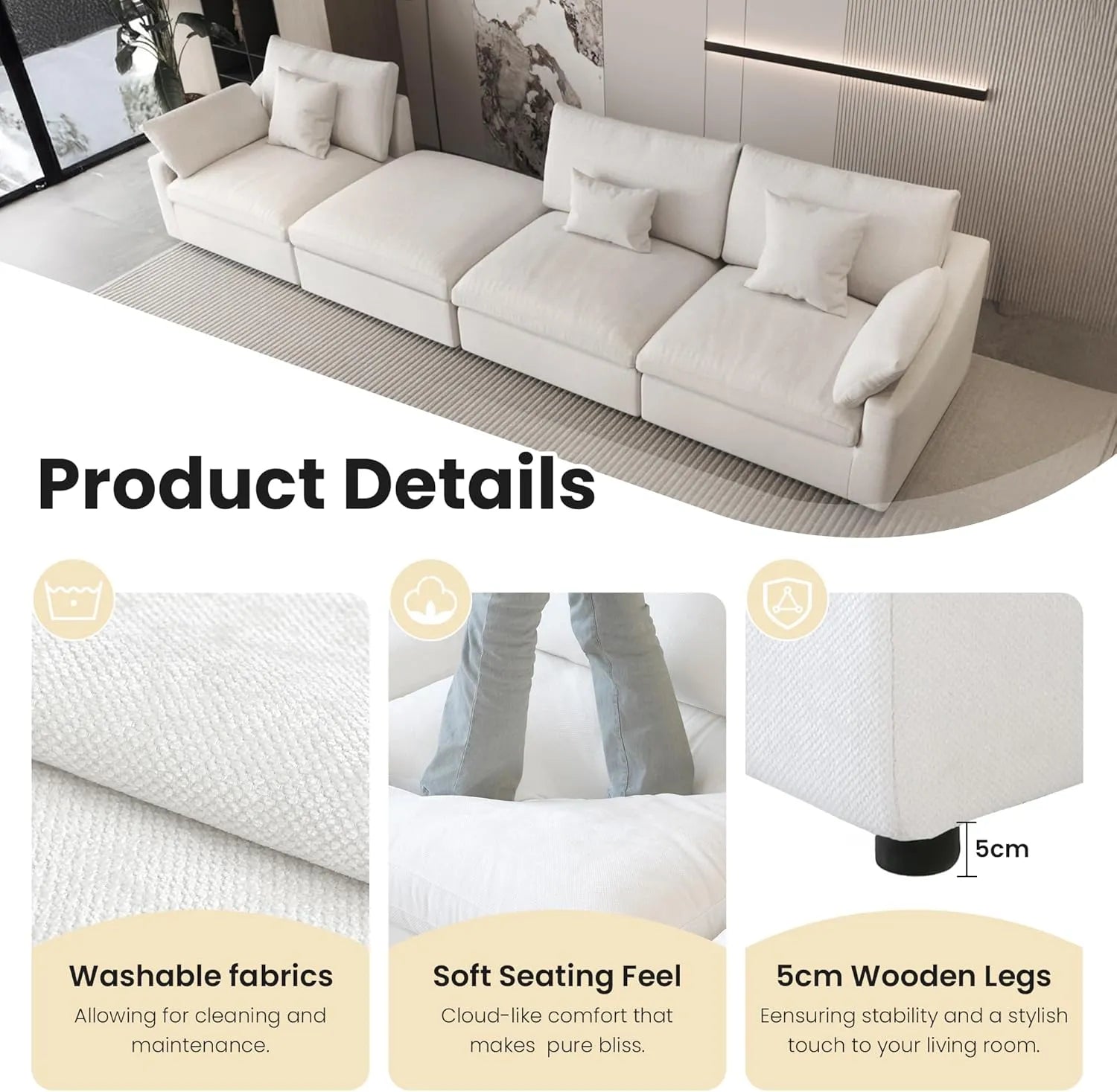 Deluxe Cloud 3-Seater White Washable U-Shaped Sectional | 5-Piece (includes 2 Ottomans), Chenille and Linen Fabric, Modular Design