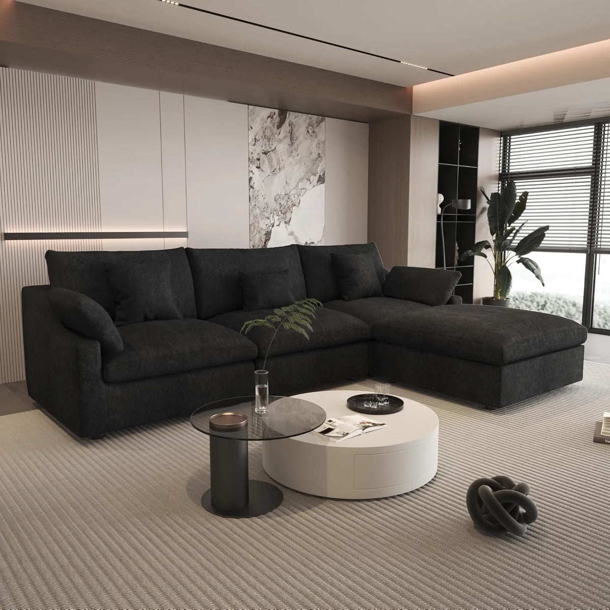 Sofá modular modular Deluxe Cloud de 3 plazas, color negro, lavable, en forma de L | Juego de 4 piezas (incluye 1 otomana), tejido de chenilla y lino.