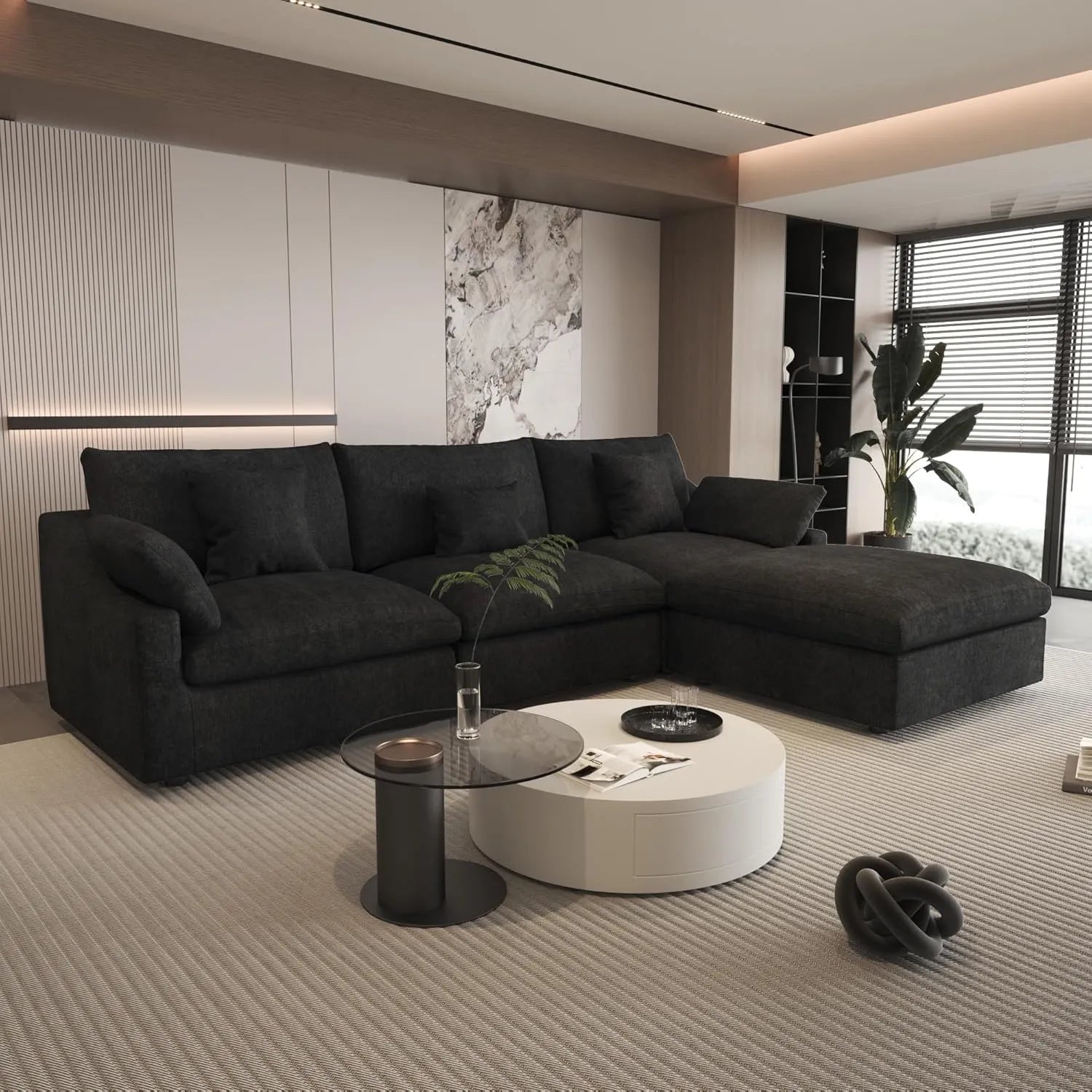 Deluxe Cloud 3-Seater Black Washable L-Shaped Sectional | 4-Piece (includes 1 Ottoman), Chenille and Linen Fabric, Modular Design