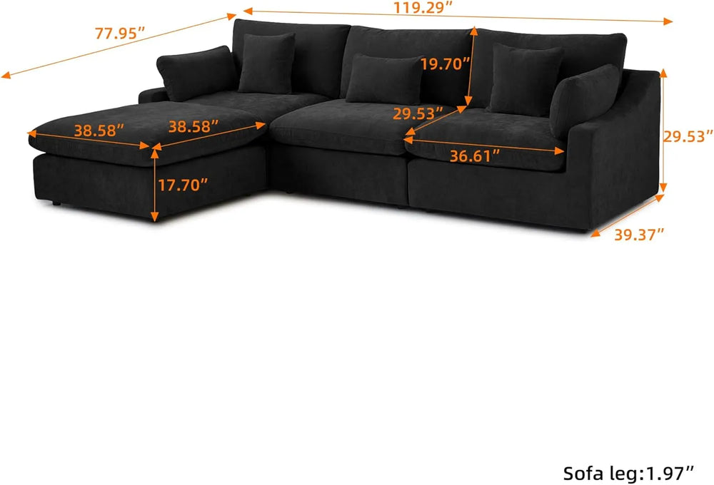 Deluxe Slope Cloud Sectional Sofas | Linen Black Couch Sectionals 120" Adjustable Backrest Pillows 3-seaters