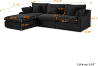 Deluxe Slope Cloud Sectional Sofas | Linen Black Couch Sectionals 120" Adjustable Backrest Pillows 3-seaters