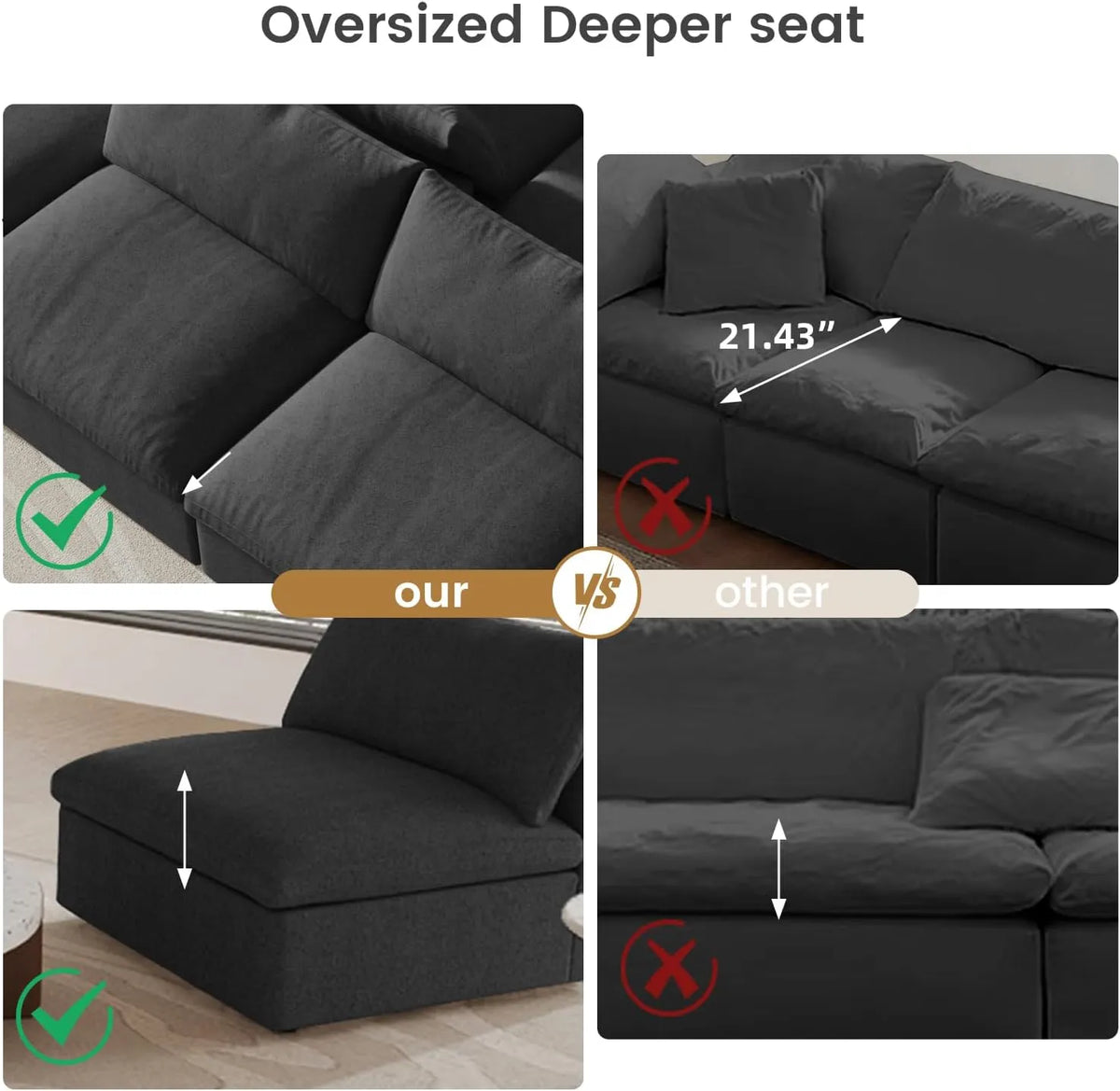 Sofá modular modular Deluxe Cloud de 3 plazas, color negro, lavable, en forma de L | Juego de 4 piezas (incluye 1 otomana), tejido de chenilla y lino.