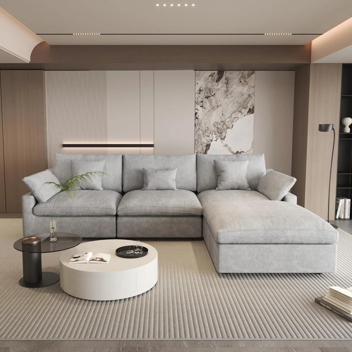 Deluxe Cloud 3-Seater Light-Grey Washable L-Shaped Sectional | 4-Piece (includes 1 Ottoman), Chenille and Linen Fabric, Modular Design