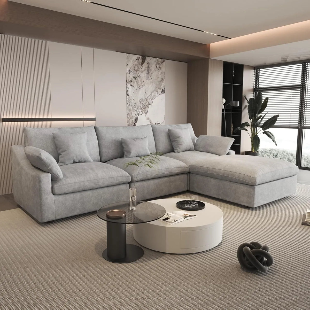 Deluxe Cloud 3-Seater Light-Grey Washable L-Shaped Sectional | 4-Piece (includes 1 Ottoman), Chenille and Linen Fabric, Modular Design