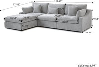 Deluxe Slope Cloud Sectional Sofas | Linen Light Grey Couch Sectionals 120" Adjustable Backrest Pillows 3-seaters