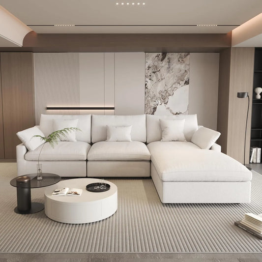 Deluxe Slope Cloud Sectional Sofas | Linen White L-Shaped Sectionals 120" Adjustable Backrest Pillows 3-seaters