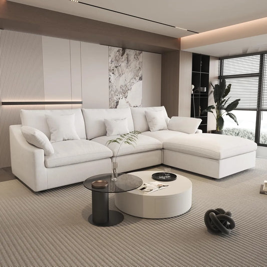 Deluxe Slope Cloud Sectional Sofas | Linen White L-Shaped Sectionals 120" Adjustable Backrest Pillows 3-seaters