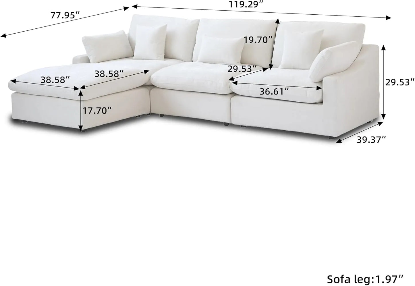 Deluxe Slope Cloud Sectional Sofas | Linen White L-Shaped Sectionals 120" Adjustable Backrest Pillows 3-seaters