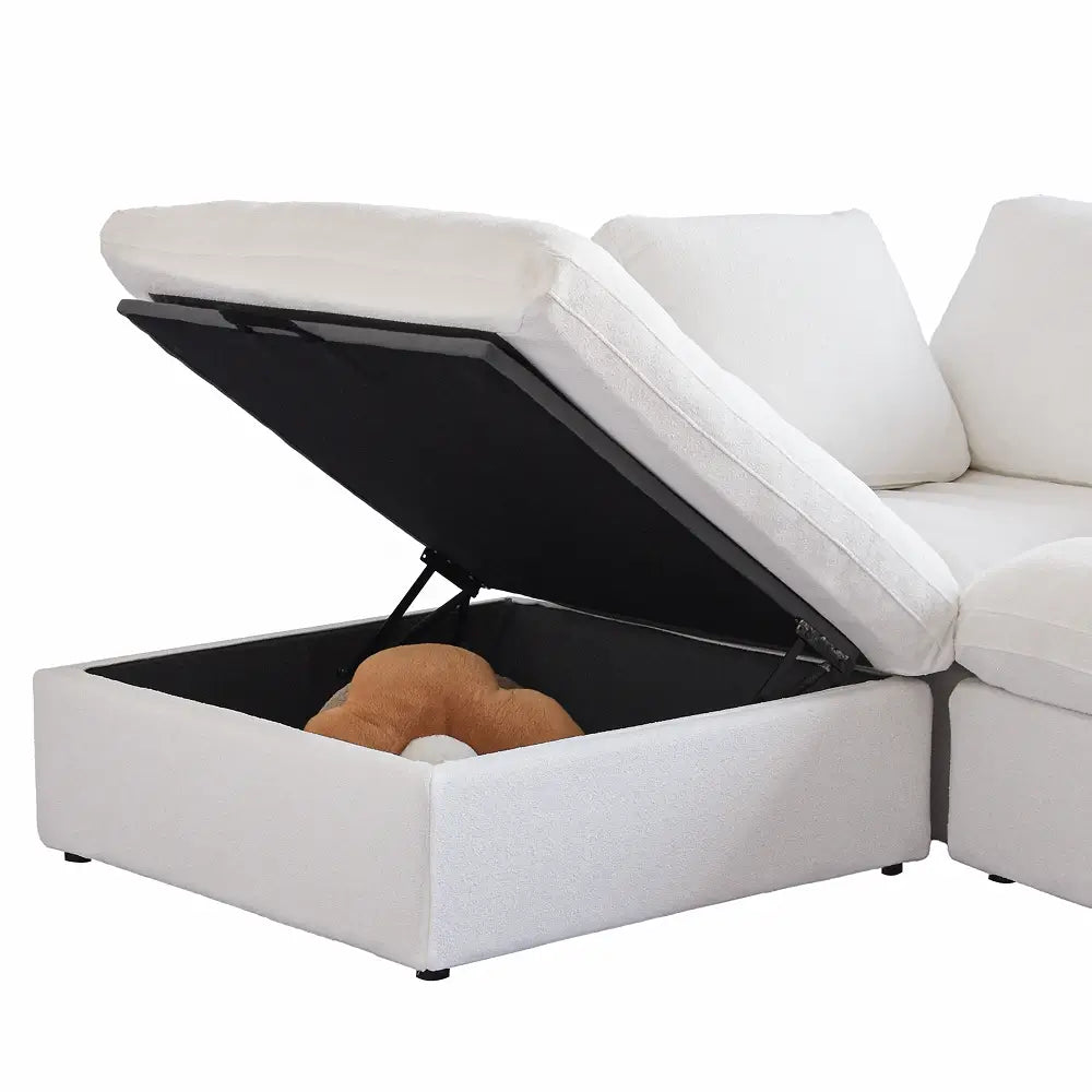 Deluxe Cloud 3-Seater White Storage L-Shaped Sectional | 4-Piece (includes 1 Ottoman), Cotton and Linen Fabric, Washable Covers