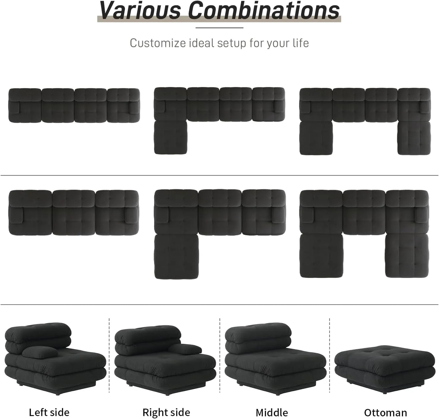 Matrix Italian Modular Sofas | Black Teddy Velvet Couch Sectionals 3-seaters