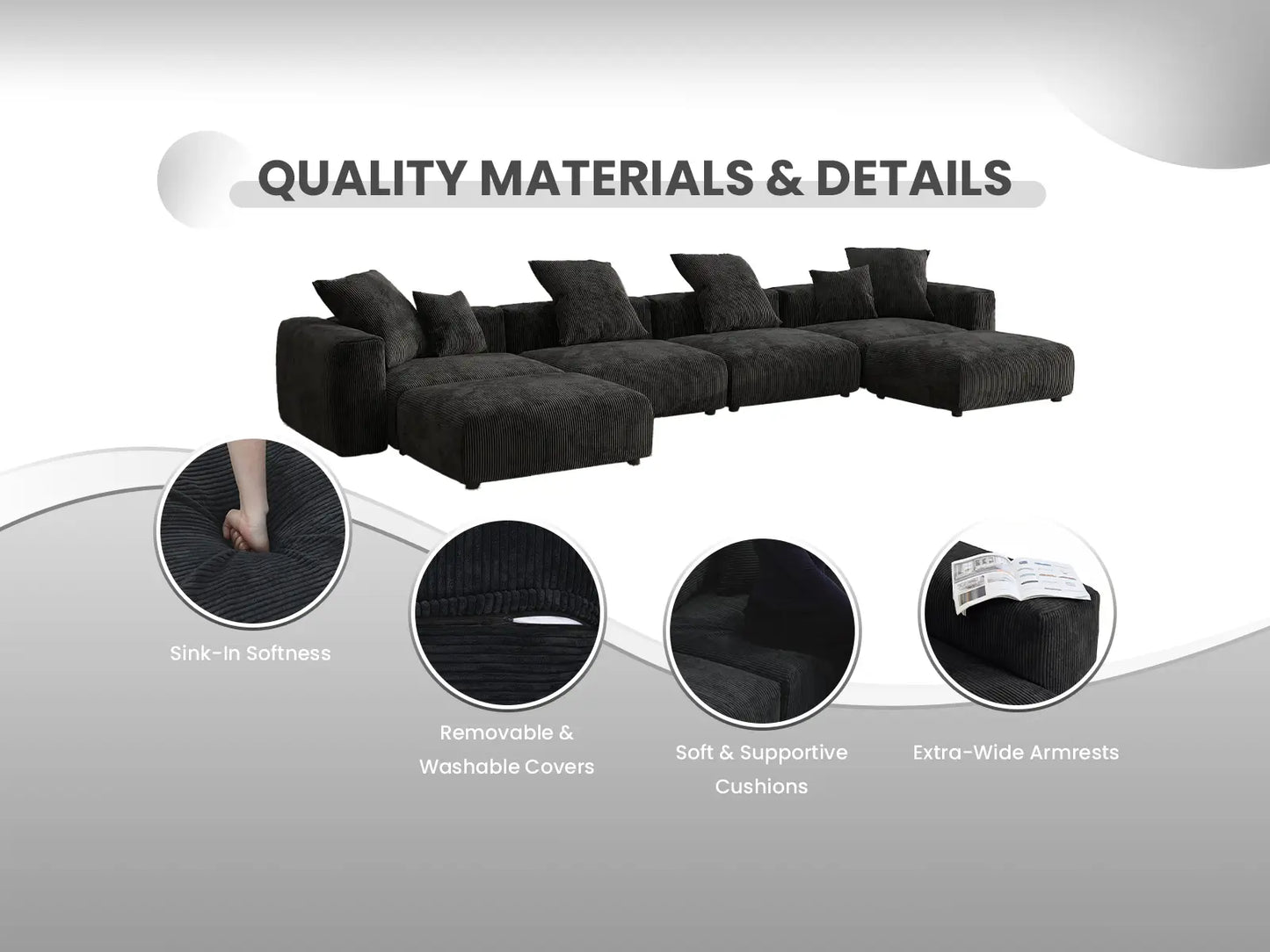 Matrix 1-Seater Black Single Sofa | 1-Piece, Corduroy Fabric, Living Room Accent, Washable Cushion Covers